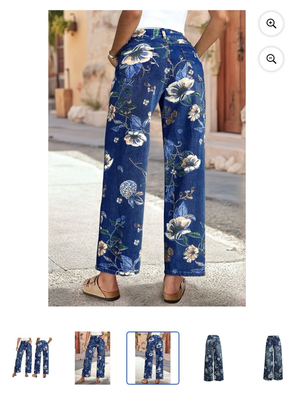 Floral Wide-Leg Jeans Pants - Blue